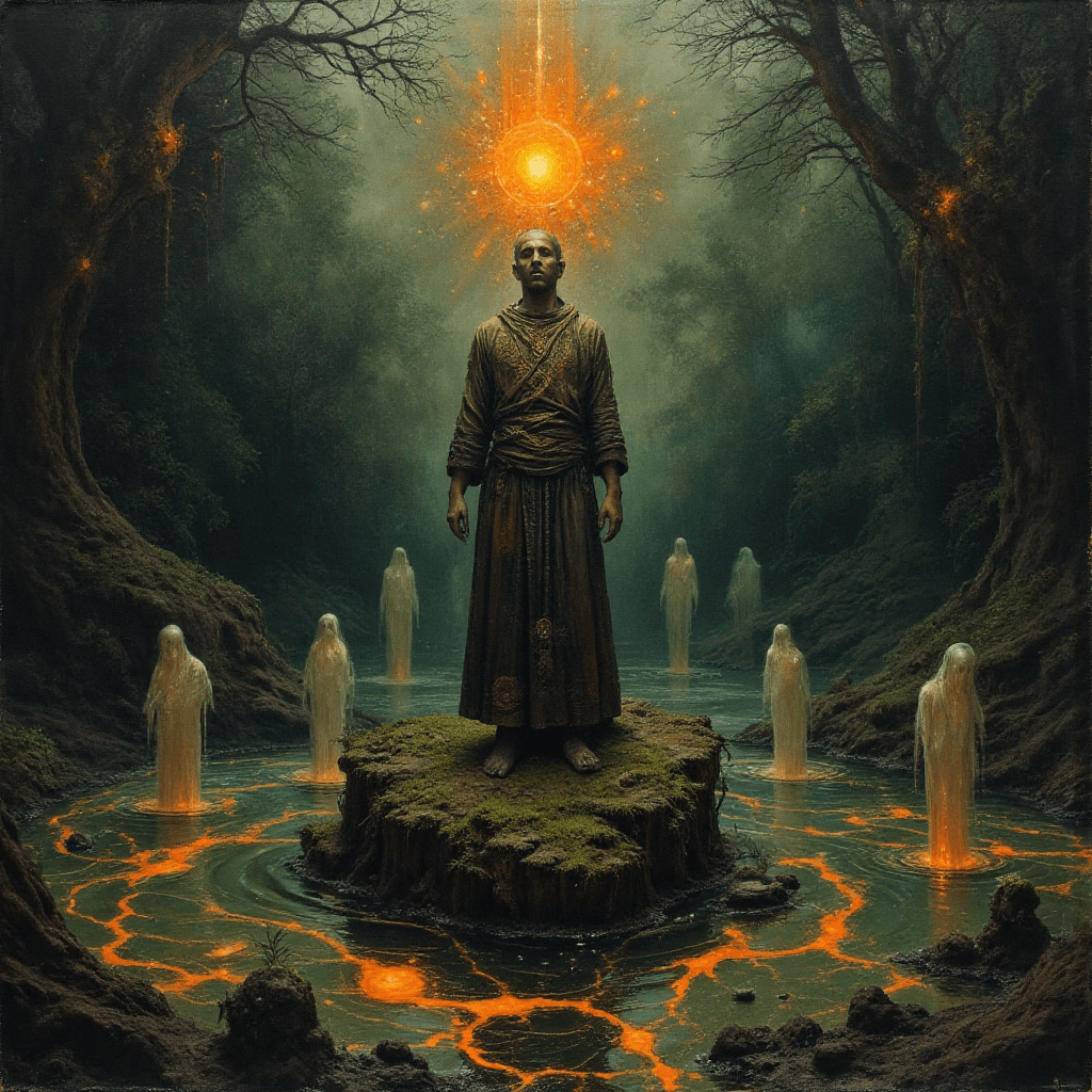 AI generated: Craft an Old Master painting- An abstract, mystical painting of a man standing on a mossy rock in th...