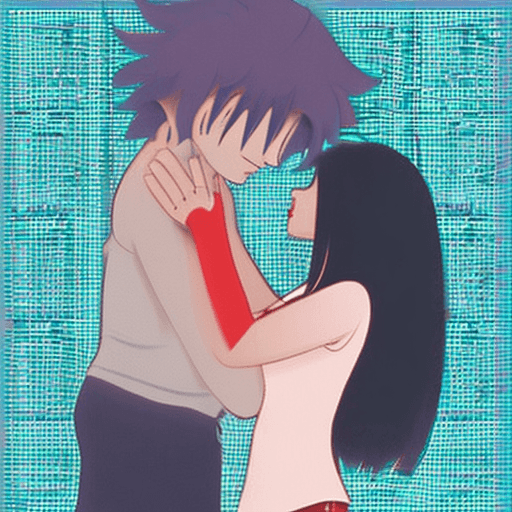AI generated: Man holding an injured woman with torn clothes in his arms. She is bleeding. Anime style.