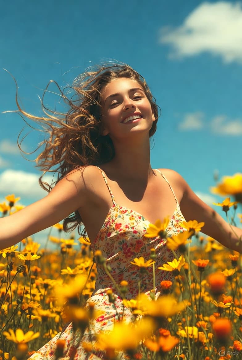 AI generated: A beautiful young woman standing in a wide, sun-drenched field of vibrant yellow and orange wildflow...