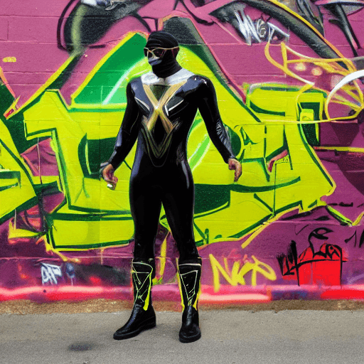 AI generated: A black man in a  green with yellow stripes metallic superhero suit with gold gloves and yellow boot...