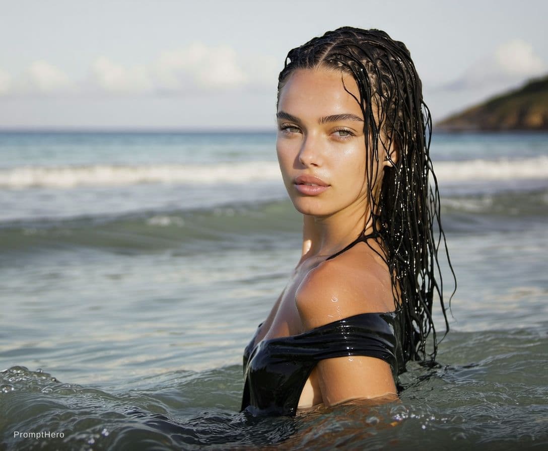 AI generated: A woman with an alluring figure stands in the shallow ocean water, clad in a black bikini. The backg...