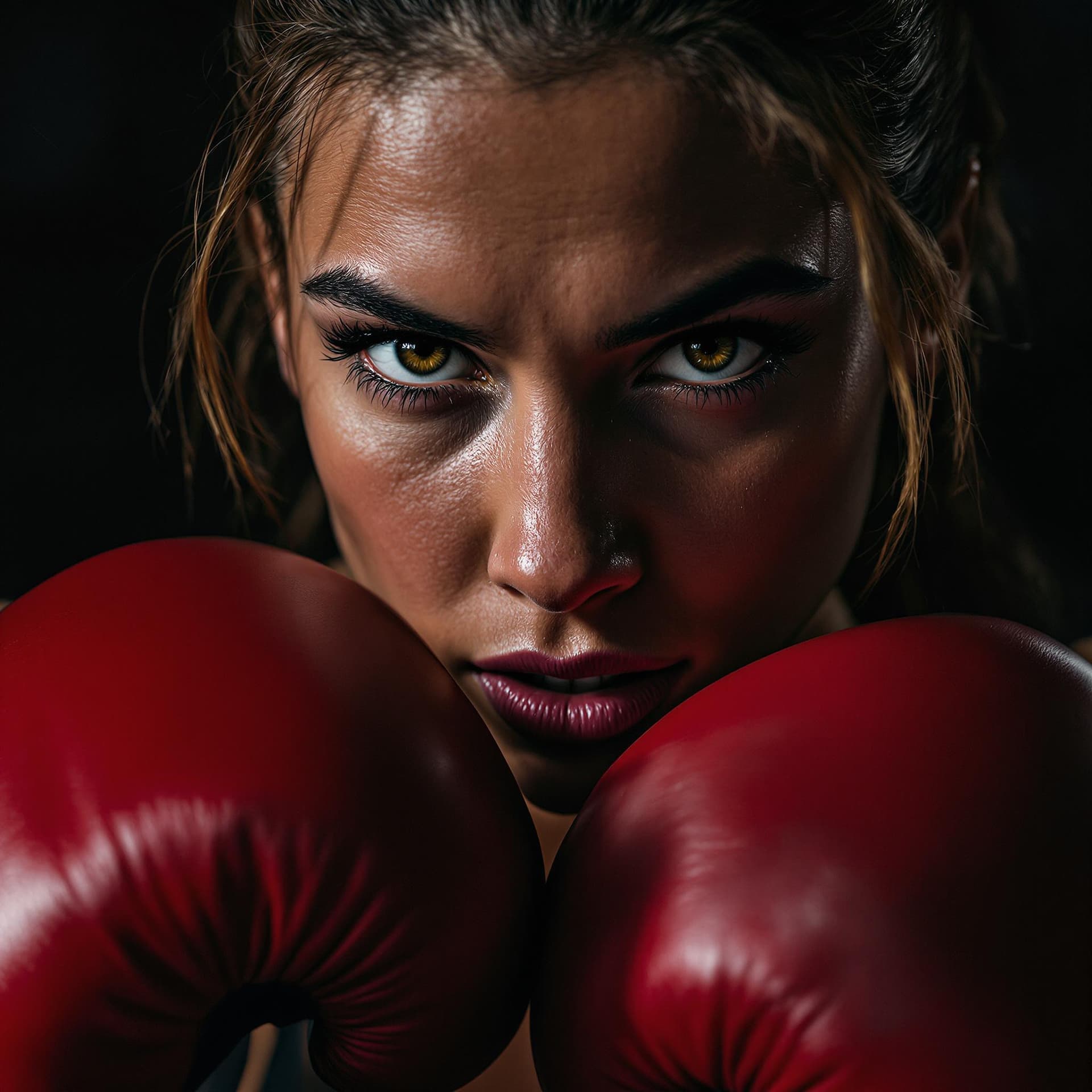 AI generated: cinematic photo A photo of a (focused athlete:1.3), (intensity in her eyes:1.2), (red boxing gloves:...