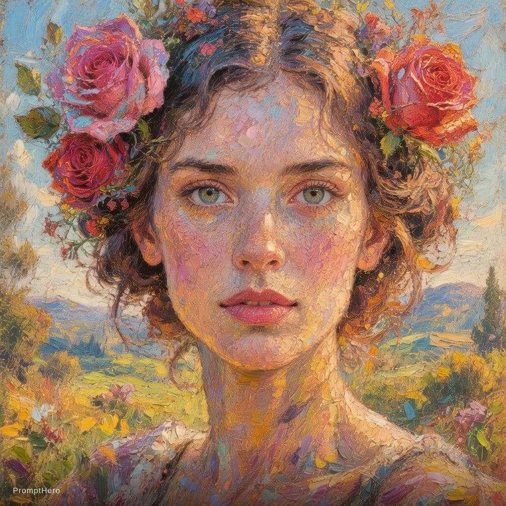 AI generated: commercial illustration of a woman dressed in flowers with roses in her hair, in the style of artger...