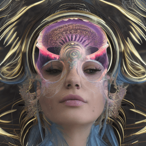 AI generated: Goddess close-up portrait ribcagel. jellyfish phoenix head, nautilus, orchid, skull, betta fish, bio...