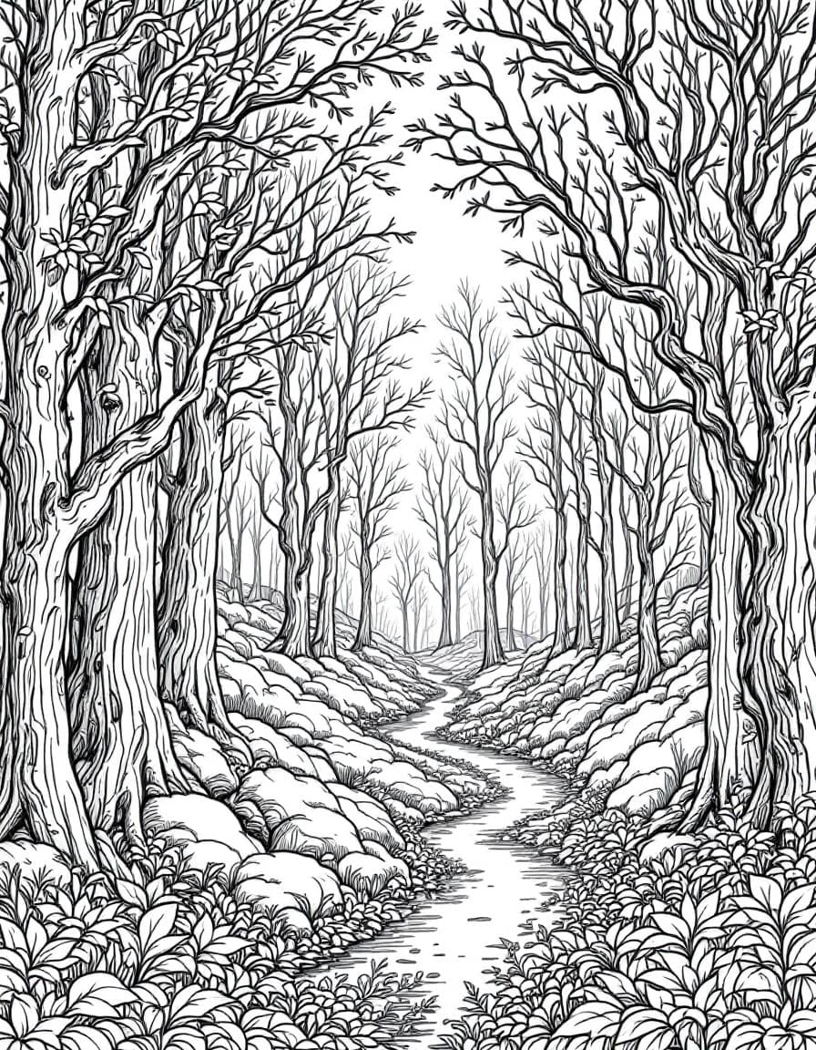 AI generated: "Black and white line drawing {Highly detailed line art of a tranquil forest with tall trees, delica...