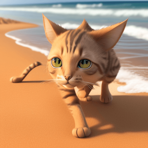 AI generated: A Pixar 3D render of a cat exploring the beach, reminiscent of the animation in "Finding Nemo."   Th...
