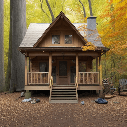 AI generated: a caban in the wood with brown, yellow and red leaves on the ground, surrounded by big trees like ma...