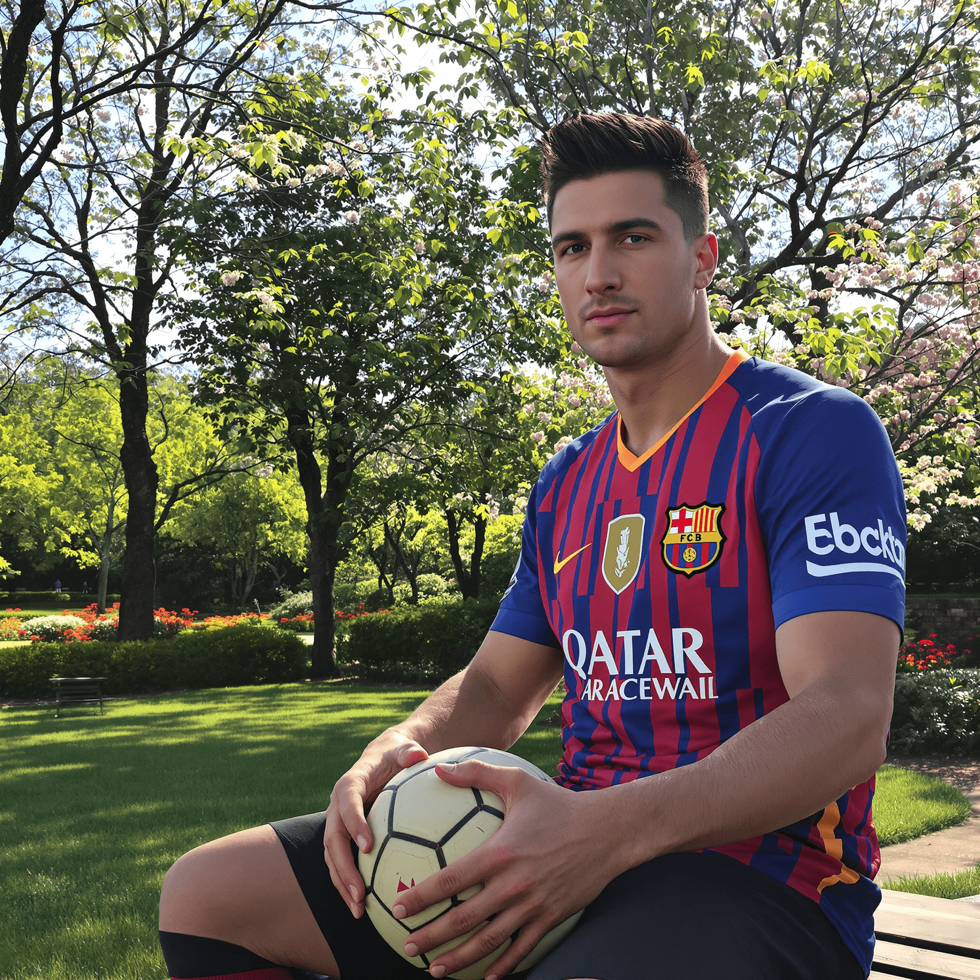 AI generated: Create a hyperrealistic image of professional footballer Robert Lewandowski sitting in a park during...
