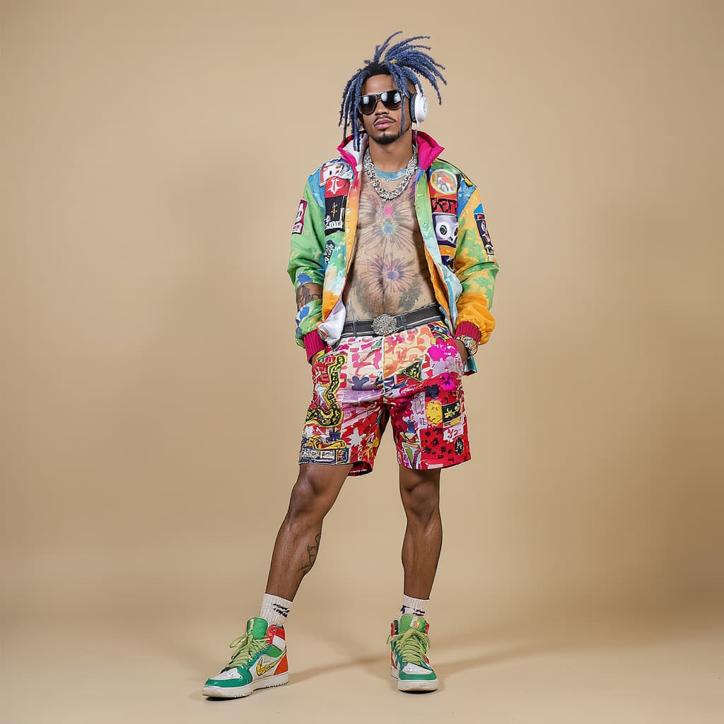 AI generated: a person posing in an eclectic and colorful outfit. They are wearing a vibrant jacket with patches, ...