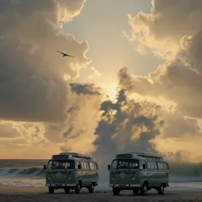 AI generated video: two classic vw split window buses are parked in a row on a glistening beach with large translucent ,...