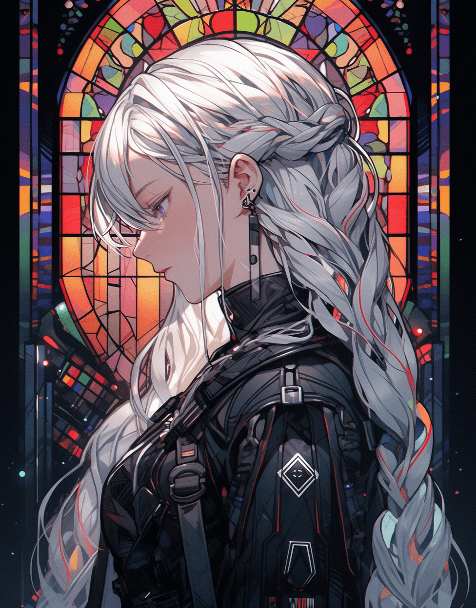 AI generated: an image of a girl with white hair in an old stained glass, in the style of futuristic themes, intri...
