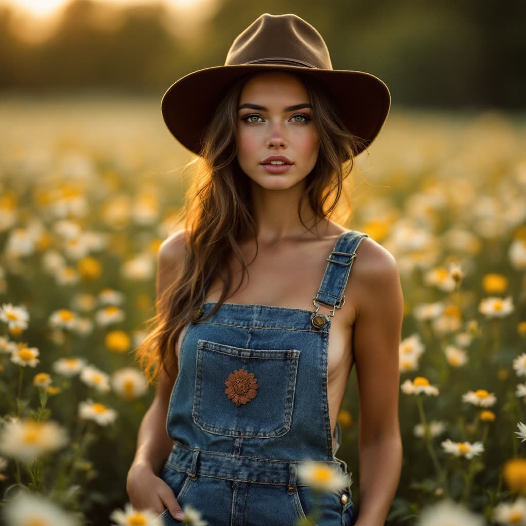 AI generated: full body portrait, fit and toned body, farm girl wearing strapless denim overalls with no bra,  pos...