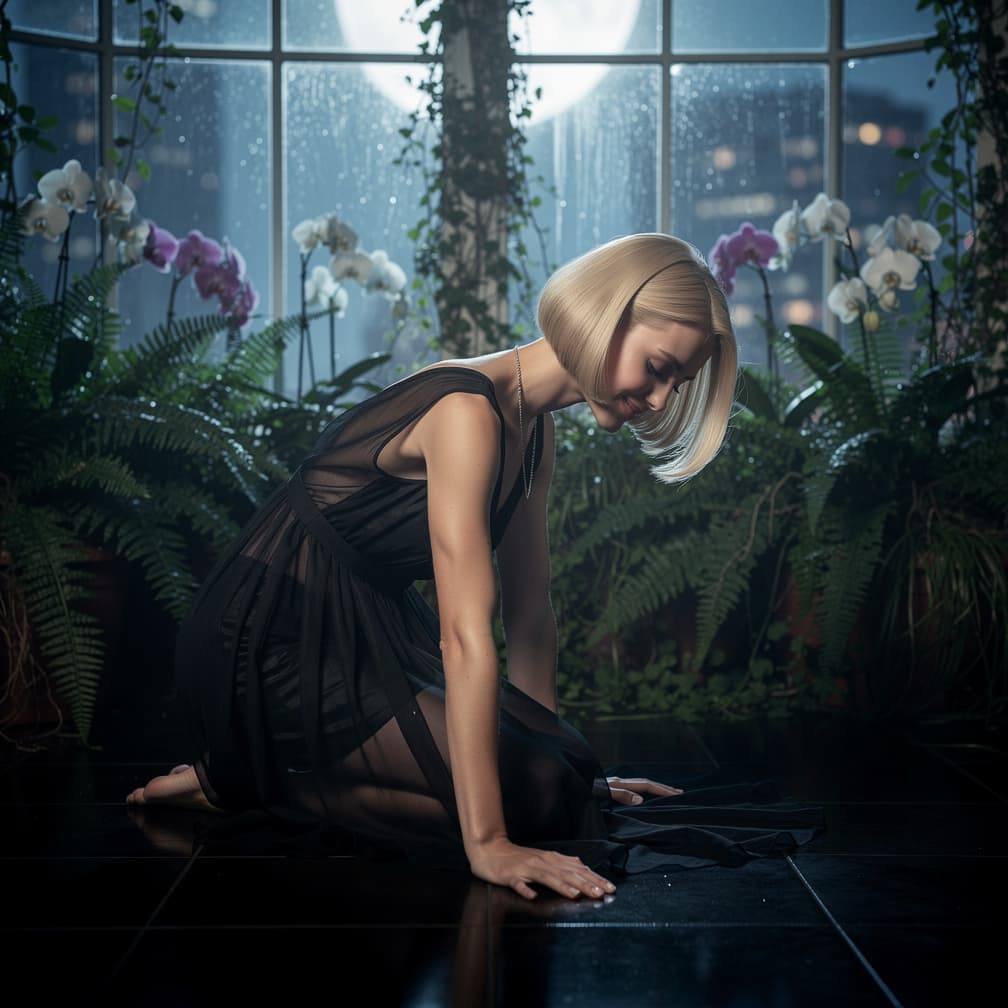 AI generated: The same youthful blonde bob model kneels forward elegantly on polished ebony floors in a moonlit co...