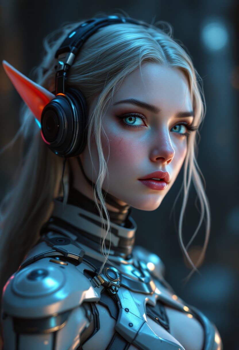 AI generated: Elf Galadriel dressed in a robot outfit in the dark and having a earphone, in the style of daz3d, an...