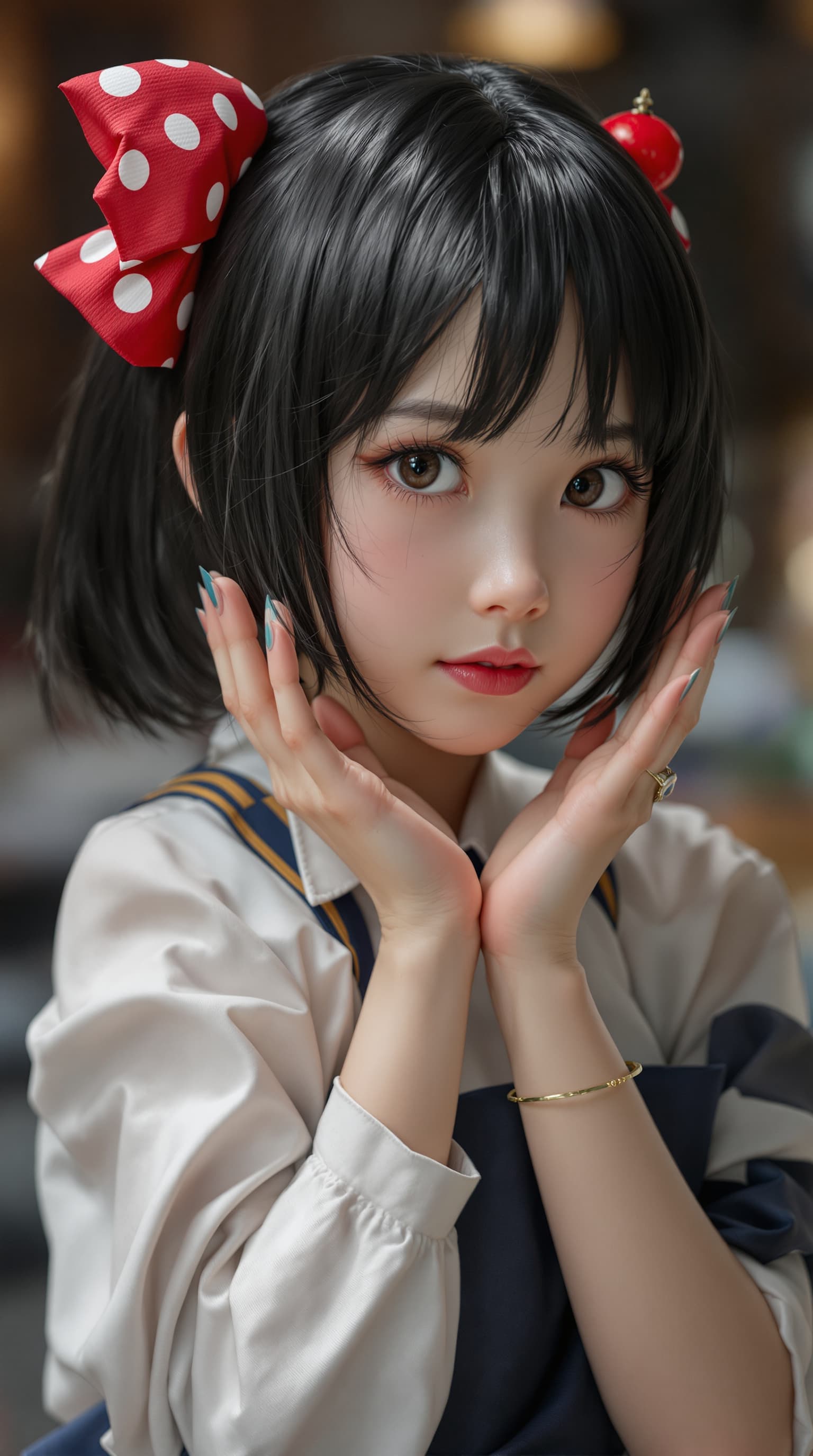 AI generated: A hyper-realistic depiction of seven year old cosplayer as Rin Kaga










