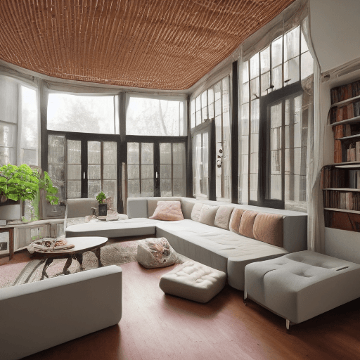 AI generated: High resolution photography interior design, dreamy sunken living room conversation pit, wooden floo...