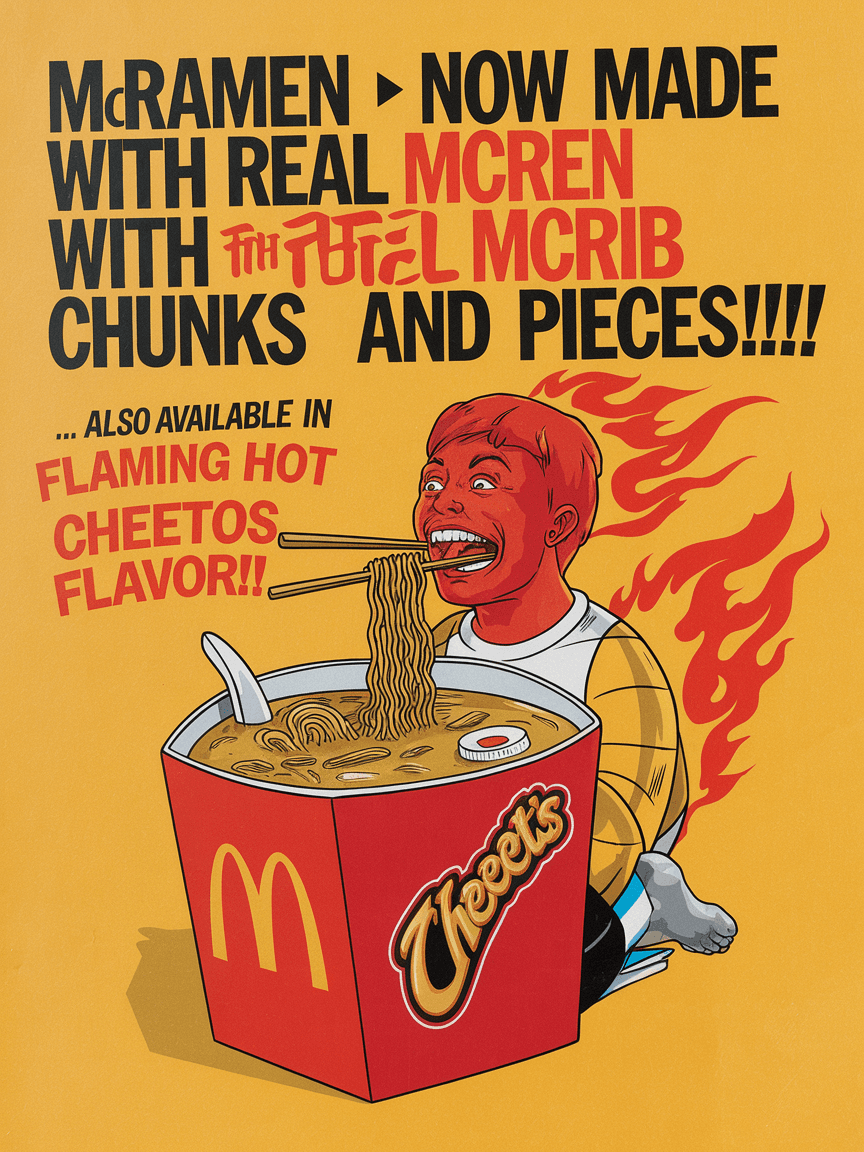 AI generated: A McDonald's Cardboard Soup container that has the contrasting text that reads "McRamen ~ now made w...