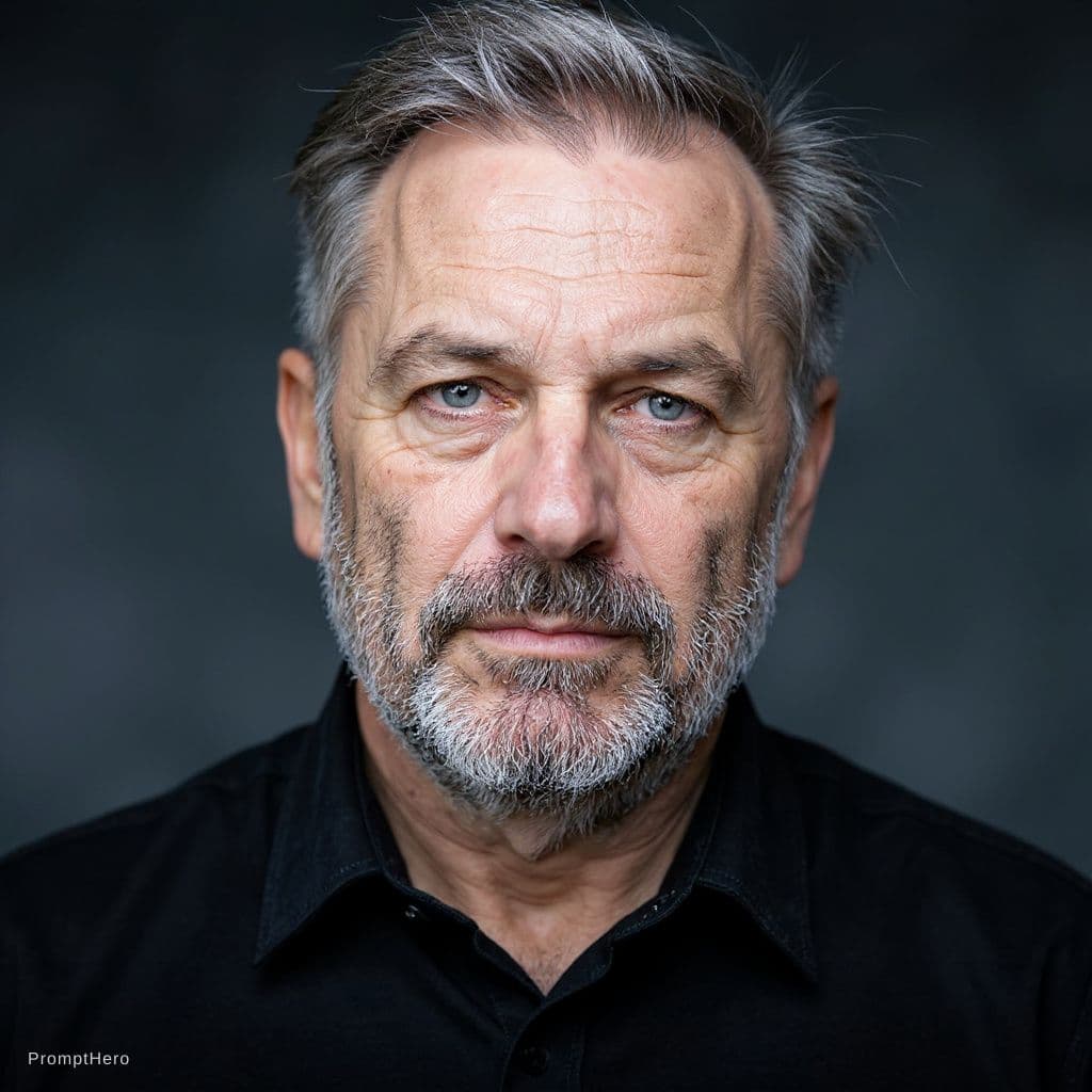 AI generated: Ultra-realistic cinematic close-up portrait of a rugged middle-aged man with salt-and-pepper hair an...
