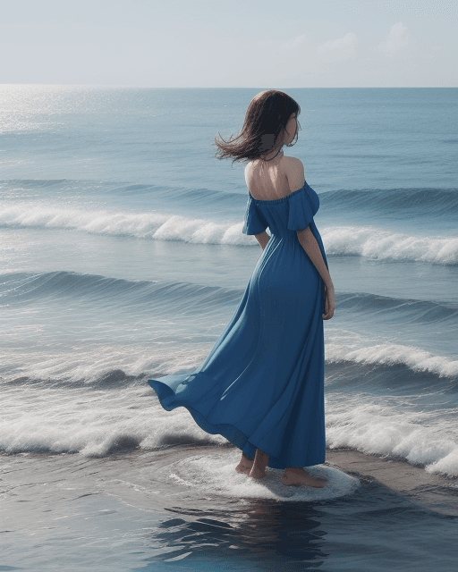AI generated: a girl clothed in blue long dress ,stand in sea ,backward to us , 