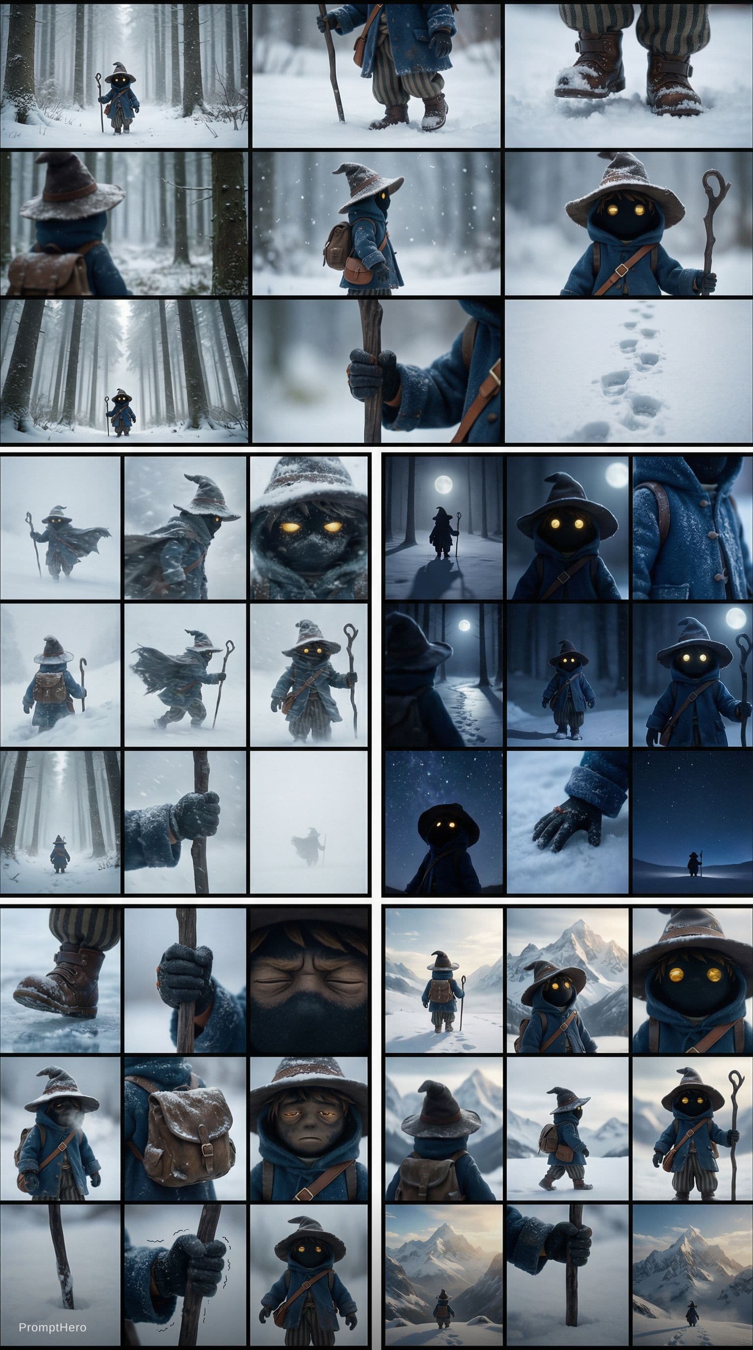 AI generated: 5 different 3x3 grid multi frame cinematic storyboard sheets of the exact same small hooded forest w...