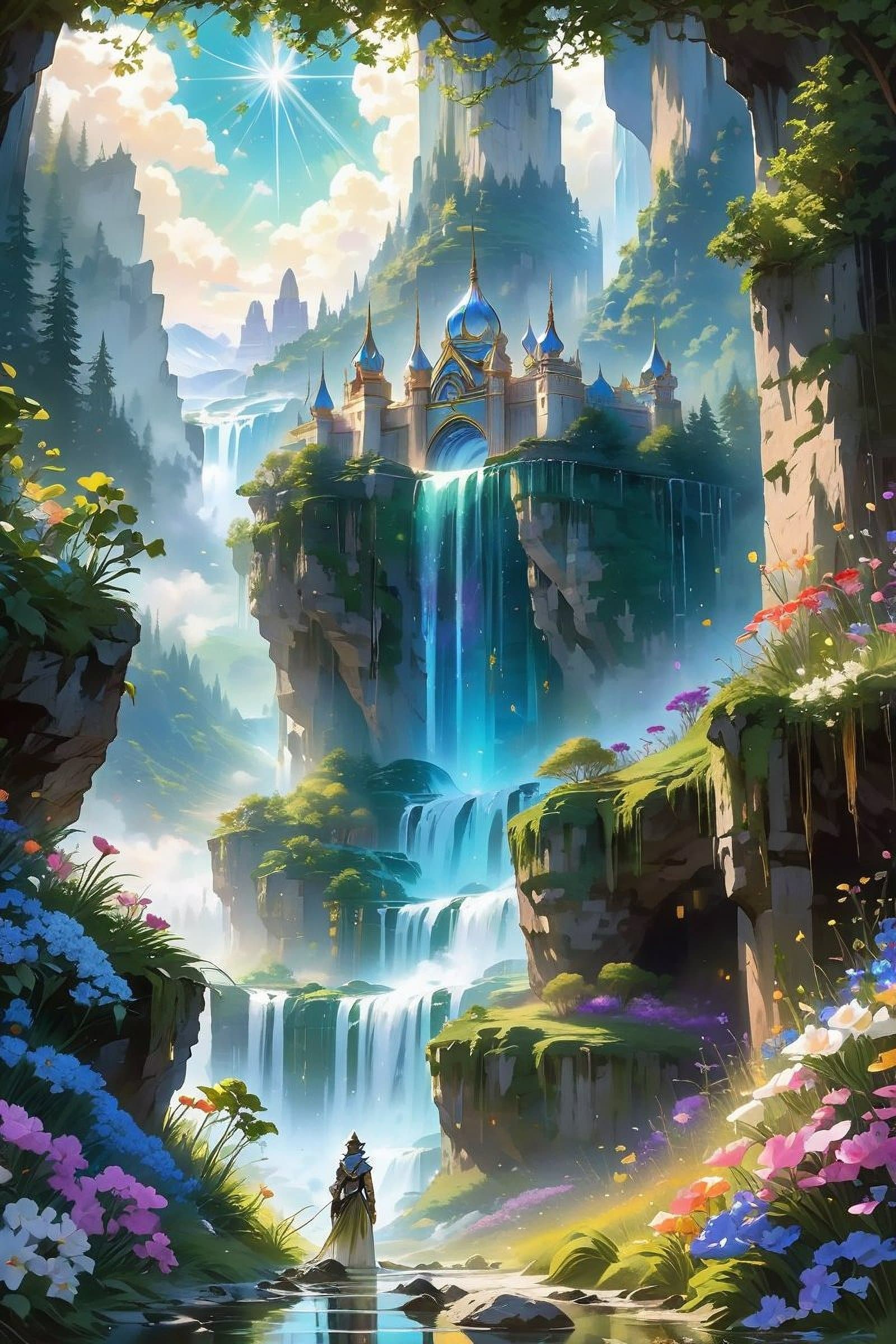AI generated: landscape portrait of a lush magical fantasy valley between mountains, blue river flowing between fo...
