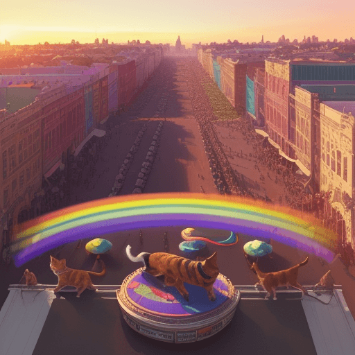 AI generated:  festival, dogs, cats, musicians, ornate, Arcade, Gamine, long shot, Simulation, Flat, Sound art, ra...