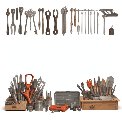 AI generated: A mixture of homewares, hardware tools, furniture, electronic items as a background image in pure wh...