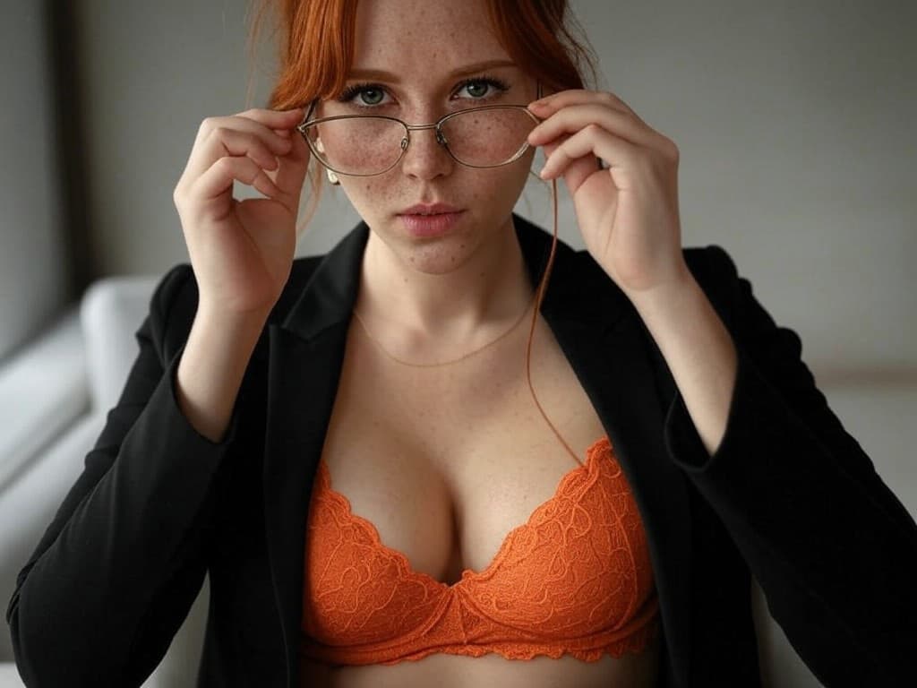 AI generated: Young MILF, 25 years old, red ginger hair, hair worn in a loose bun with free strands framing her fa...