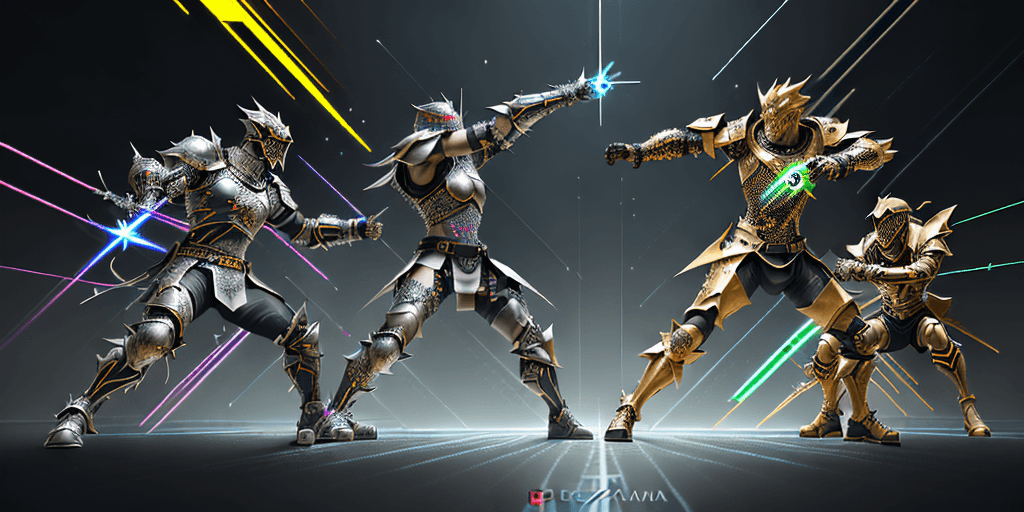 AI generated: Digital art, ultra-high-resolution, dynamic scene of an epic battle between developers styled wieldi...