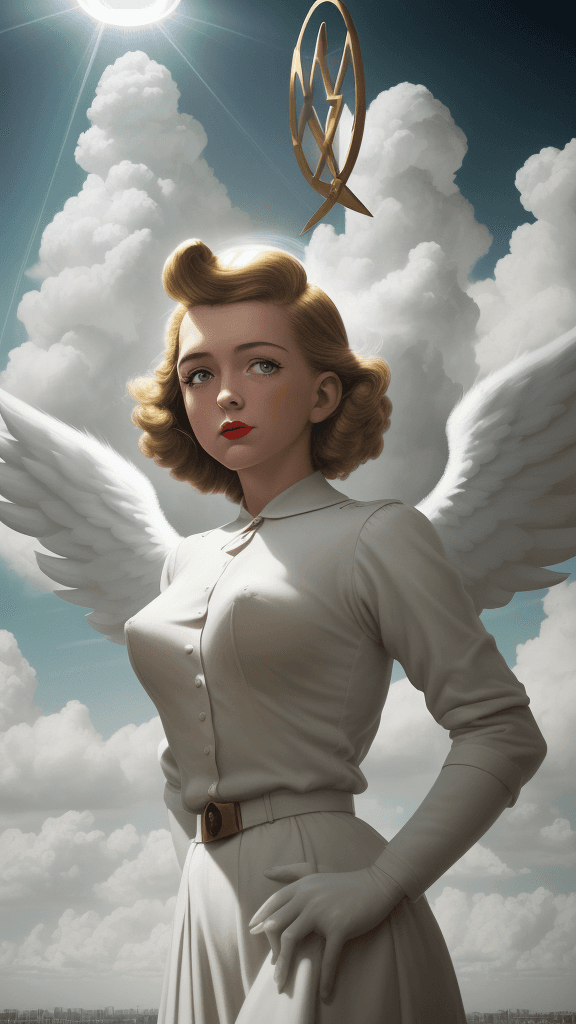 AI generated: (who said a angel has a halo), (Ultra high res), Clouds, sunbeams, Modernist Simplicity, 1940s Propa...