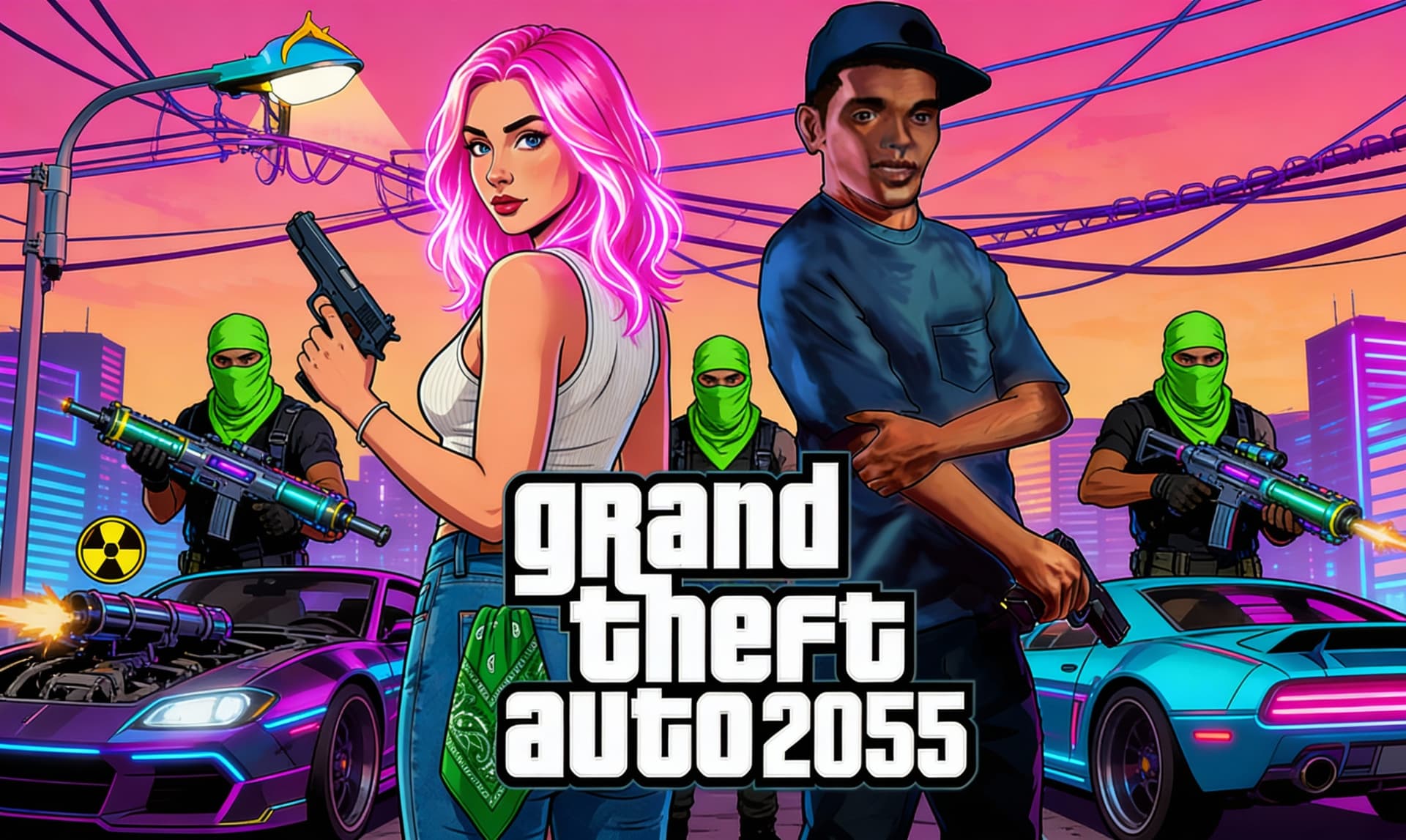 AI generated: In  MIND BLOWING scene of Grand Theft Auto all these charachters appear on the cover of GTA 2055 , w...