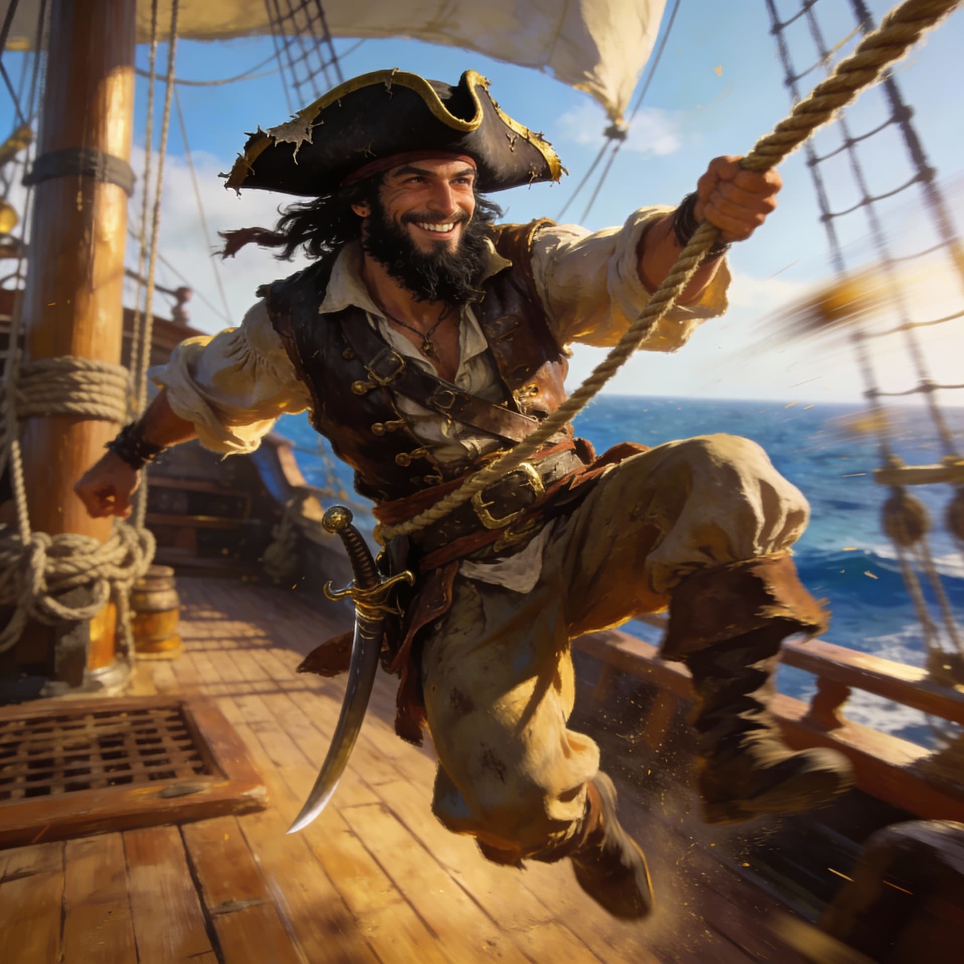 AI generated: swashbuckling pirate captain with a well groomed black beard and handsome smile swinging on a ship's...