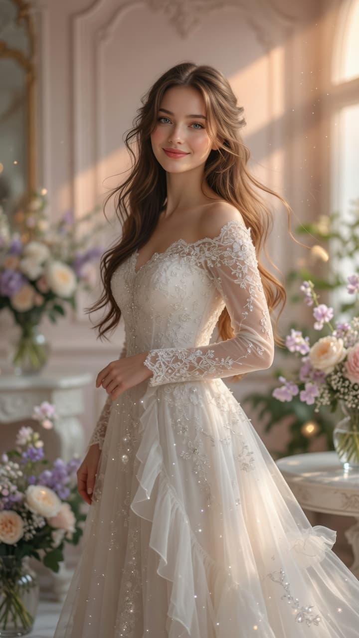 AI generated: "Create a beautiful, cute 21-year-old woman with long flowing brown hair, striking grey eyes, fair s...