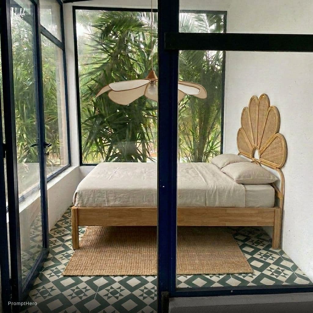 AI generated: Hang this lamp to the centre of the room, small and over the bed,  behind the blue strip that's in t...
