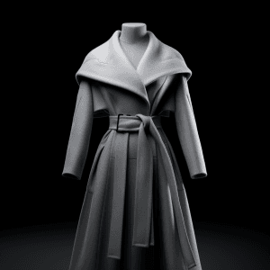 AI generated: Low Angle Shot of a minimalist, sleek, and chic designer gray wool coat with oversized collar and be...