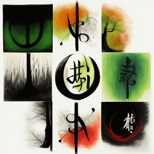AI generated: An experimental calligraphy on the theme of ikigai, expressionist, collage, forest, forest bath