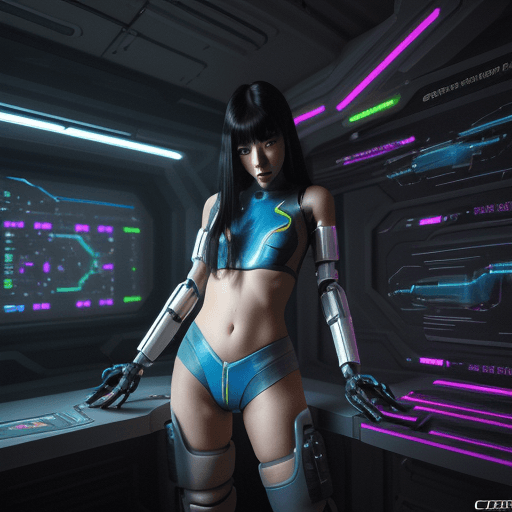 AI generated: cybernized girl with cyberpunk prosthetics in just her underpants, Asian, long hair, Spaceship insid...
