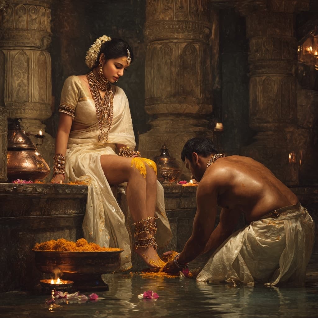AI generated: 
A beautiful, voluptuous, curvy Indian woman sits regally in an ancient marble bathing chamber bath...