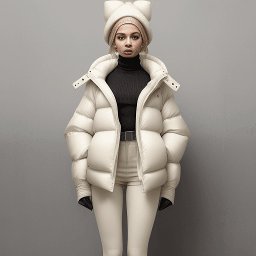 AI generated: The woman in the photo is standing against a beige background, a Tumblr personality. Her outfit cons...