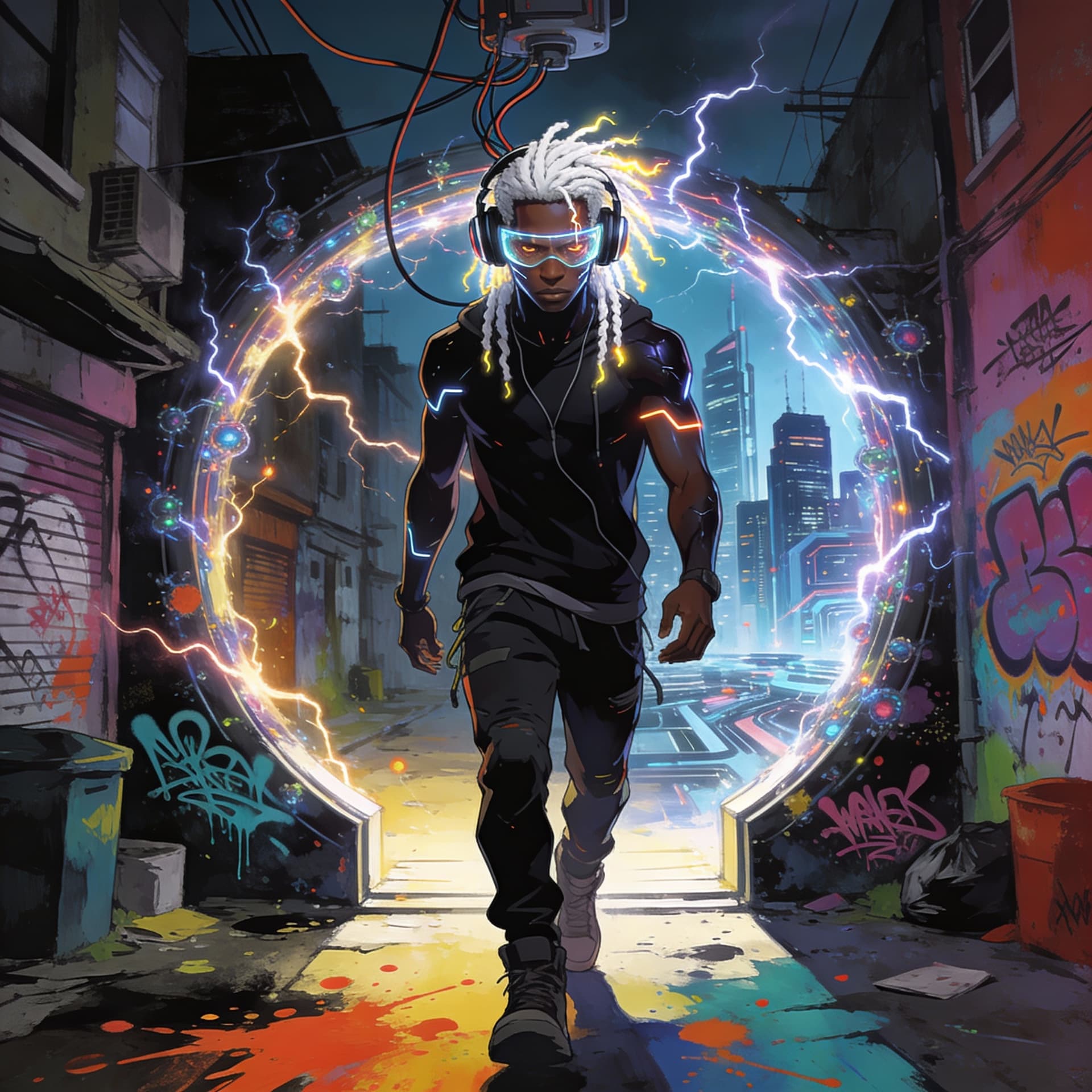 AI generated: A full-body 3D anime style illustration of a futuristic cyberpunk African American male, his skin is...