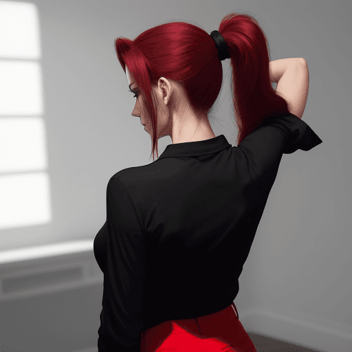 AI generated: The image depicts a stylishly dressed woman in a black shirt and red pants, standing in a room with ...