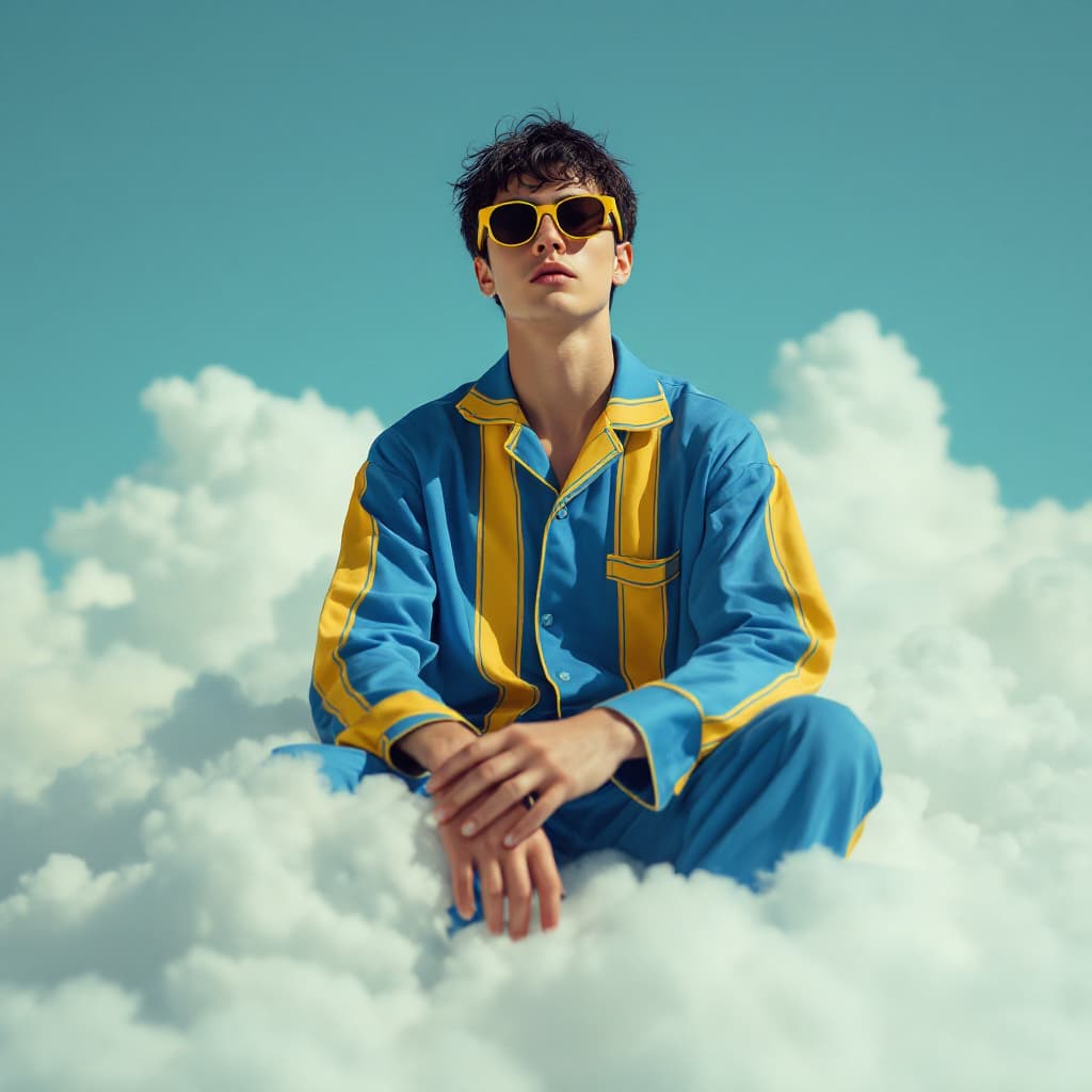 AI generated: A photo of an eccentric young man sitting on top of white fluffy clouds wearing stylish sunglasses a...