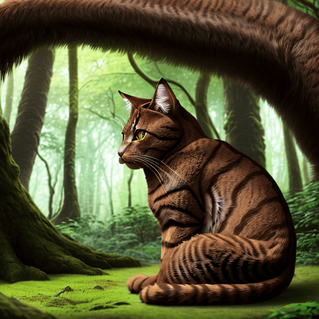 AI generated: side view of a nice, wise, giant brown cat sitting in a prehistoric forest, side view, 8k