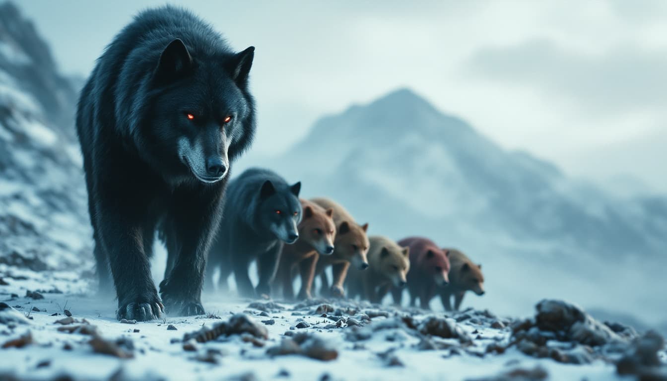 AI generated: A giant black wolf walks, followed by five wolves of different colors, black, brown, and a reddish o...