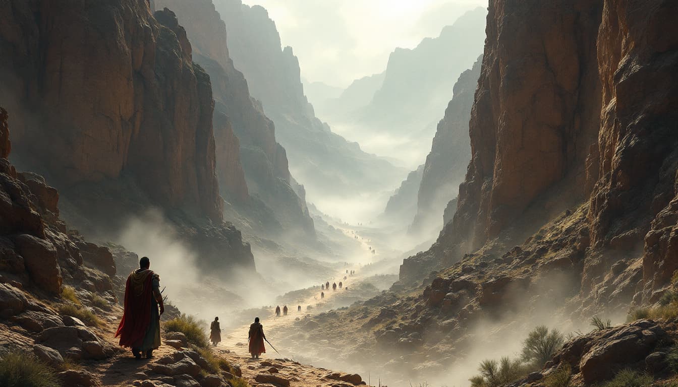 AI generated: Ultra-realistic.	Wide shot of the Parseh pass, towering cliffs and a narrow path shrouded in morning...
