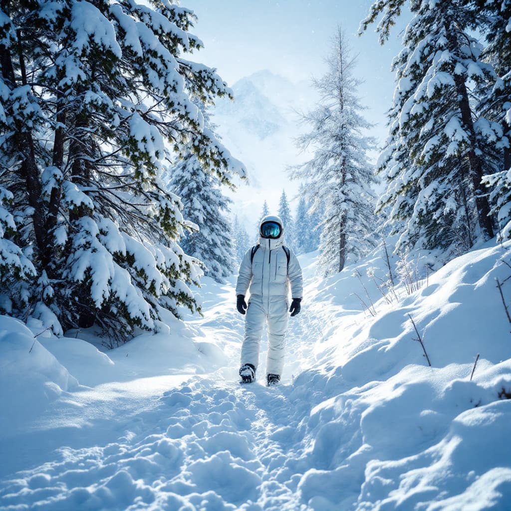 AI generated: a summer vacation environment in a snowy place with a snow suit full body photo of the person
