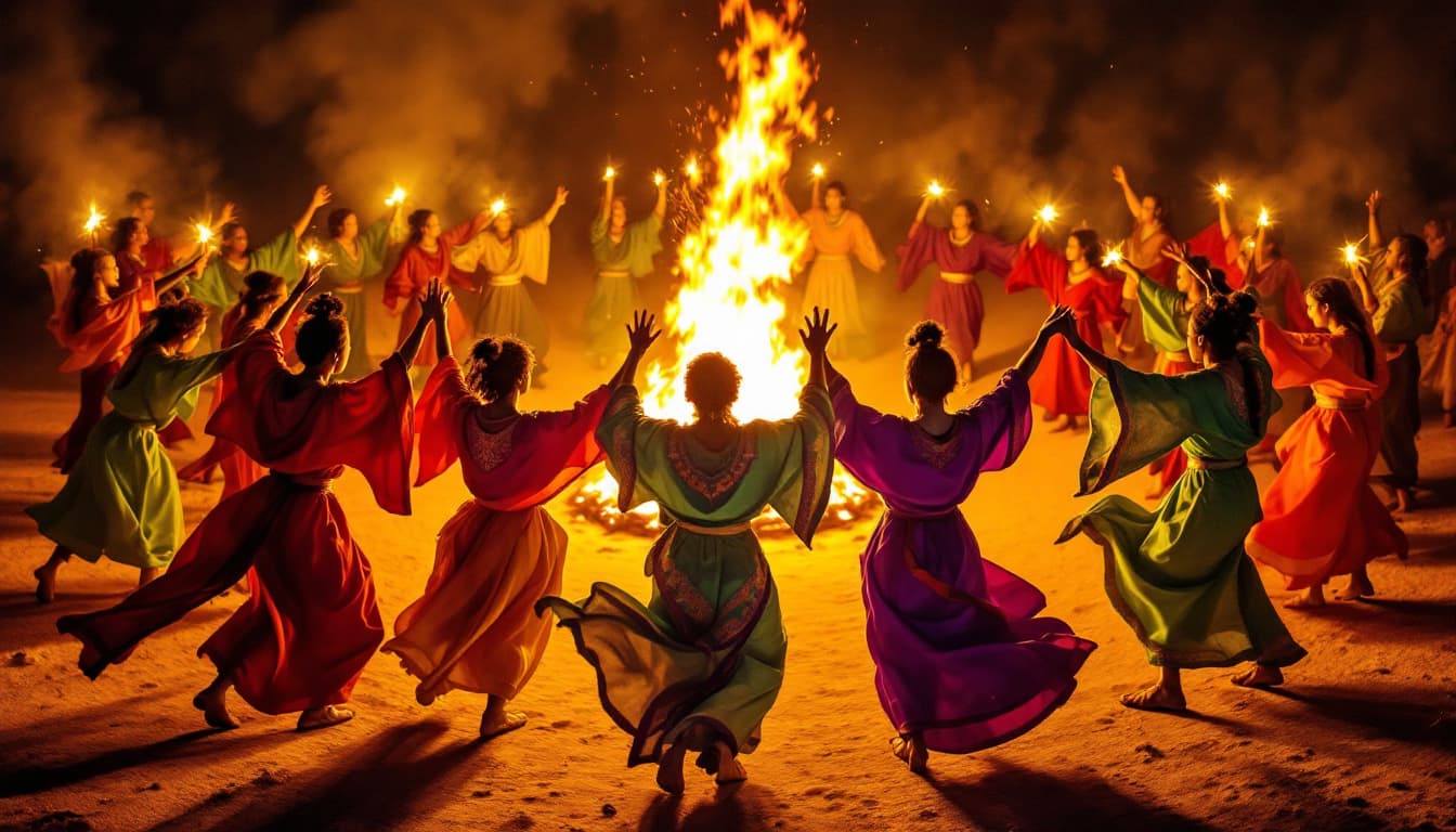 AI generated: The surrounding group of dancers moves rhythmically, their ceremonial robes flowing as they circle t...