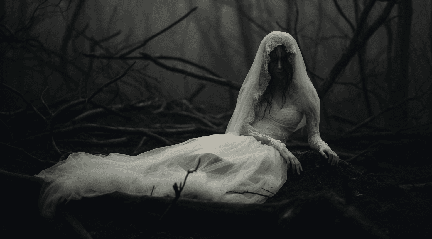 AI generated: Fashion Photoshoot on a eerie foggy woods, a porcelain doll wearing a white torn dirty wedding dress...