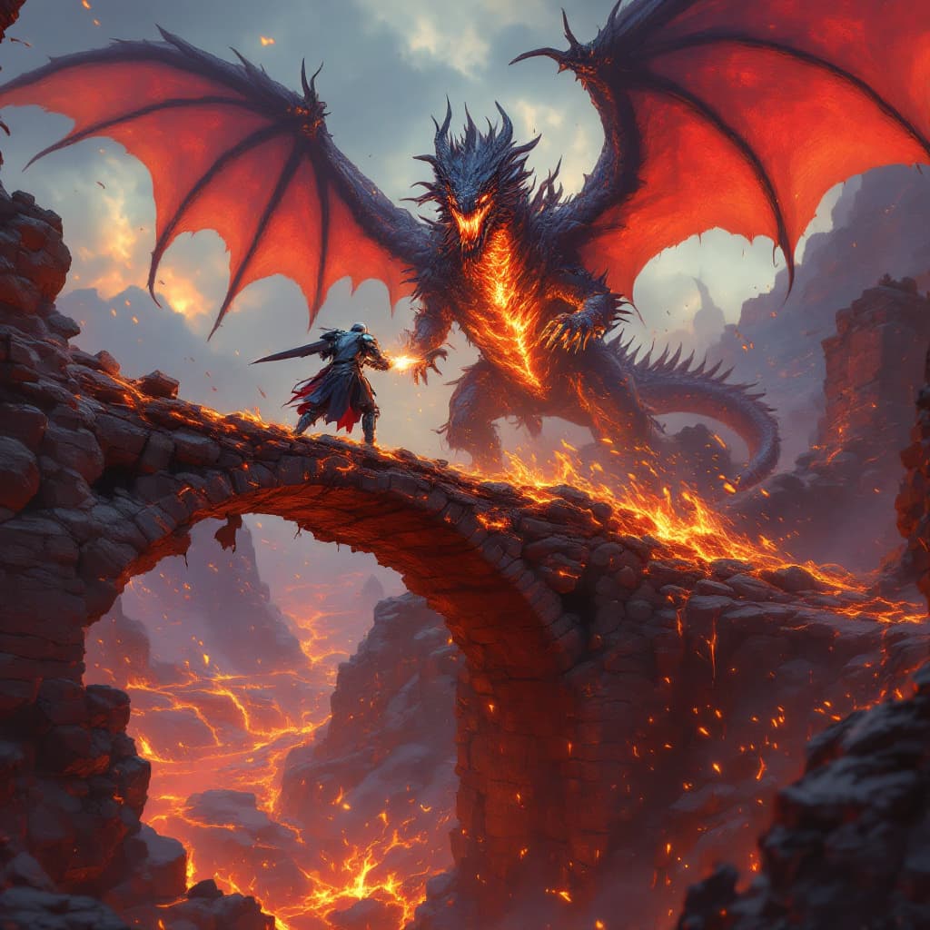 AI generated: 7.	3D render of a knight fighting a molten lava dragon atop a crumbling bridge --v 7 --style fantasy...