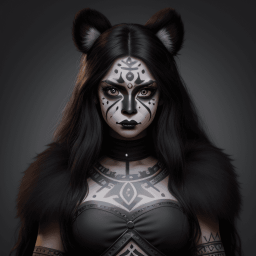 AI generated: a warrior princess in a dschungle, with black face paint, dark black long hair, brown big eyes, outf...